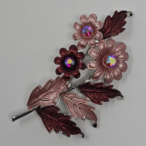Vintage Floral Brooch Pink Burgundy Enamel AB Rhinestones Silver Tone Pin - Picture 2 of 10